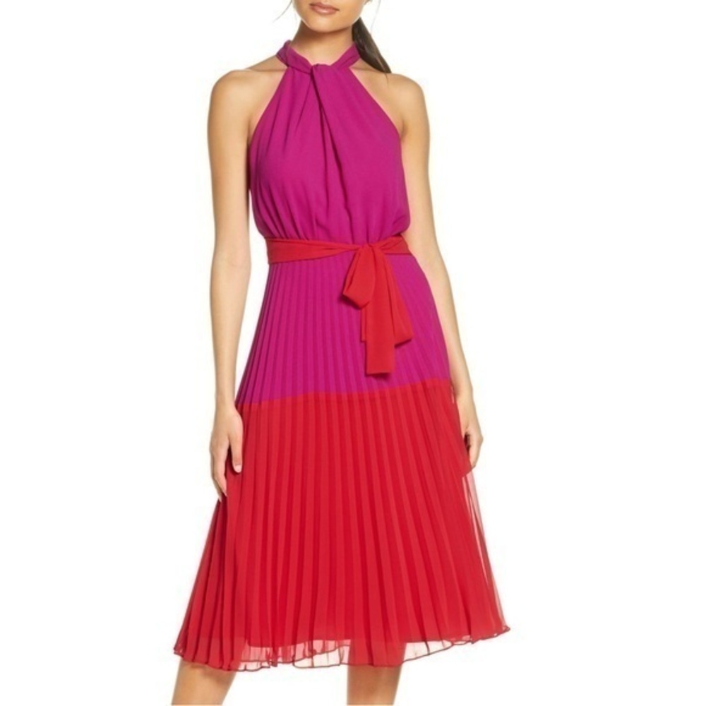 Julia Jordan Colorblock Pleated Halter Midi Dress 12